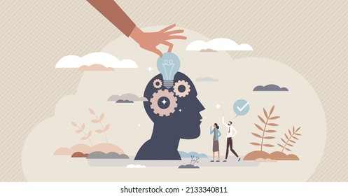 Problem resolution and solution with smart idea tiny person concept. Effective and wise business collaboration or partnership with complex question research and successful result vector illustration.