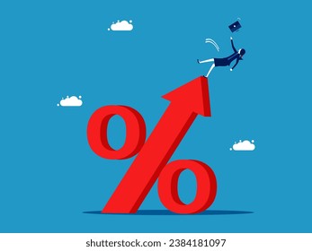 The problem of rising interest rates. Businesswoman slips and falls on percentage sign