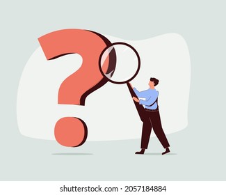 Problem and root cause analysis, research and leadership skill to find solution or answer for business problem concept, smart businessman analyst using magnifying glass to analyze question mark sign.