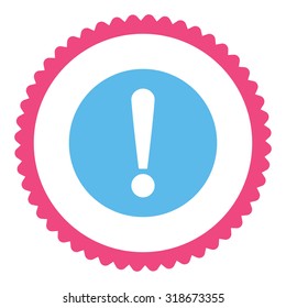 Problem round stamp icon. This flat vector symbol is drawn with pink and blue colors on a white background.