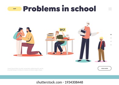 Problem in school concept of landing page with sad and depressed pupils kids because of bullying, abuse and mental stress. Cartoon flat vector illustration