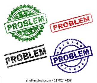 PROBLEM seal prints with damaged style. Black, green,red,blue vector rubber prints of PROBLEM label with retro texture. Rubber seals with circle, rectangle, medallion shapes.