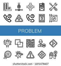 conjunto de iconos simples de problemas. Contiene iconos tales como Sobrepoblación, Soporte técnico, Sospechoso, Intersección, Unión, Cigarrillo, Pregunta, puede ser usado para web, móvil y logotipo