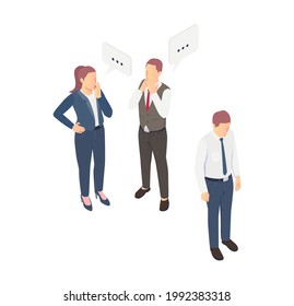 Problem situation icon with sad man and his gossiping colleagues isometric vector illustration