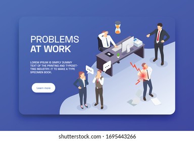Problem situations at work isometric colored landing page with headline and learn more button vector illustration