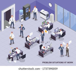 Problem situations at work isometric colored composition with open space and working process vector illustration