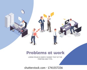 Problem situations at work isometric concept with problems at work headline and different stress situations vector illustration