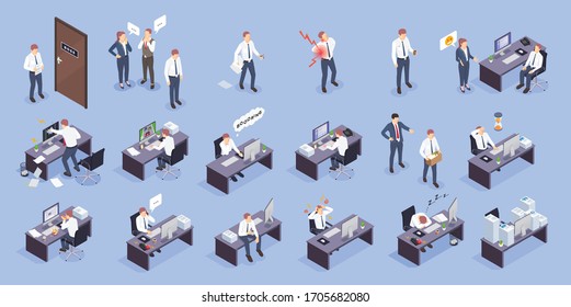 Problem situations at work isometric icon set with different type of stress conflicts problems at work vector illustration