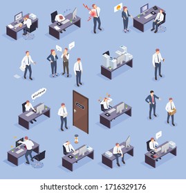 Problem situations at work isometric icon set with man in office stress at work par example vector illustration