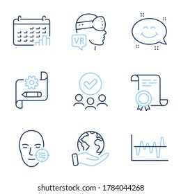 Probleme Haut, Augmented Reality und Smile Chat Linie Symbole gesetzt. Diploma-Zertifikat, retten Planet, Gruppe von Menschen. Kalenderdiagramm, Cograd-Blaupause und Stockanalysezeichen. Vektorgrafik