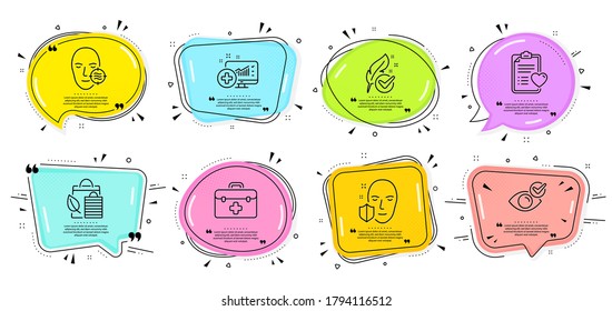 Problem skin, Bio shopping and Face protection signs. Speech bubbles with quotes. Check eye, Patient history and Medical analytics line icons set. First aid, Hypoallergenic tested symbols. Vector