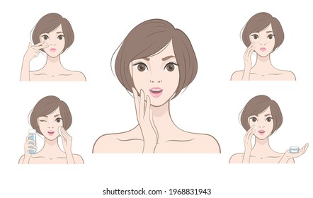 Problem skin care. Set of vector illustrations. A beautiful Japanese girl applies spine cream to her face. The girl uses acne lotion.