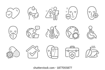 Piel problemática, píldoras de Coronavirus y íconos de la línea biométrica facial. Seguro médico, señales de temperatura de Coronavirus y Fiebre. Seguro de vida, Té de menta y símbolos de hombre enfermo. Conjunto de iconos de línea. Vector