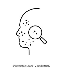 Problem Skin and Dermatology Examination of Human Face with Magnifier Line Icon. Facial Skin Care Outline Icon. Side view. Checkup of Person Skin. Editable Stroke. Isolated Vector Illustration.