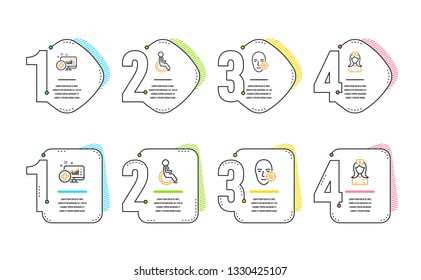 Problem skin, Disabled and Medical analytics icons simple set. Hospital nurse sign. Facial care, Handicapped wheelchair, Medicine system. Medical assistant. Healthcare set. Infographic timeline