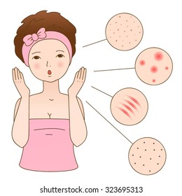 Problem skin. Illustration of woman and isolated problem skin. Skin care. Vector illustration
