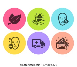 Problem skin, Mint leaves and Uv protection icons simple set. Ambulance emergency, Skin care and Cream signs. Facial care, Mentha herbal. Medical set. Flat problem skin icon. Circle button. Vector