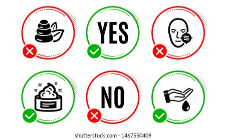 Problem skin, Spa stones and Skin cream icons simple set. Yes no check box. Wash hands sign. Facial care, Bath, Medical cosmetic. Beauty set. Problem skin icon. Check mark. Vector
