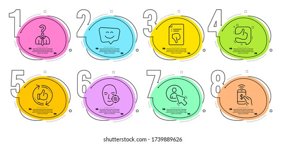 Problem Haut, Benutzer und Mitarbeiter einstellen Zeichen. Die Zeitachse geht infographisch. Telefonische Bezahlung, Refresh like und Lächeln Face Line Icons Set. Zum Beispiel, die Symbole herunterdrehen. Mobile Bezahlung, Thumbs up counter. Vector