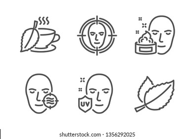 Problem skin, Uv protection and Face cream icons simple set. Face detect, Mint tea and Mint leaves signs. Facial care, Ultraviolet. Medical set. Line problem skin icon. Editable stroke. Vector