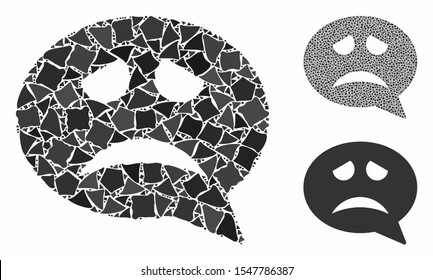 Problem smiley message mosaic of joggly parts in different sizes and shades, based on problem smiley message icon. Vector rugged parts are grouped into collage.