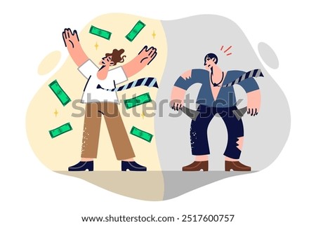 Problem of social inequality in society and large difference in income between rich and poor people. Beggar man suffers looking at millionaire who does not pay attention to social inequality