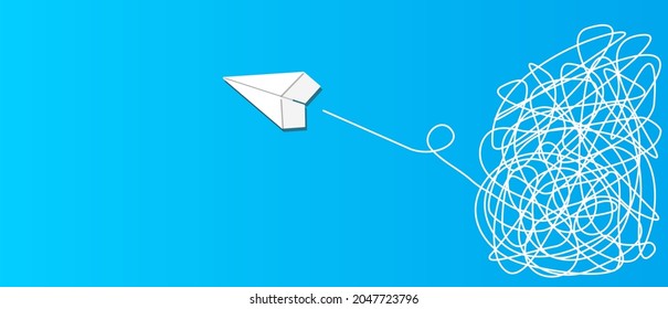 Problem and solution for business creative concept. White origami paper plane on blue background. Way to go through the confusing situation. Solve the difficulties.