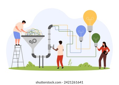 Problem solution by simplify method, from complex to easy. Tiny people work with funnel and pipe conversion machine to change knot of threads for light bulbs electricity cartoon vector illustration