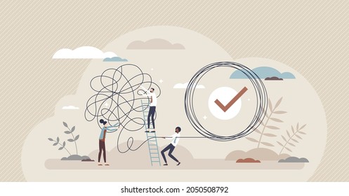 Problem solution as complete difficult and messy task tiny person concept. Business problems solved and challenges successfully done with help or support from professional teamwork vector illustration