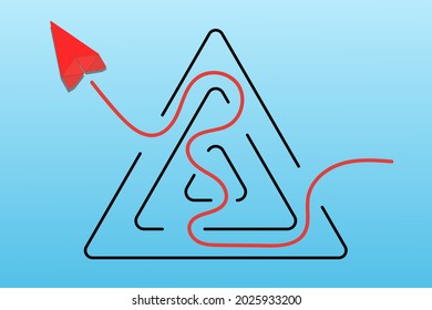 Problem and solution concept with red origami paper plane getting out of the maze of problem. Way to go through the labyrinth. Solve the difficulties.