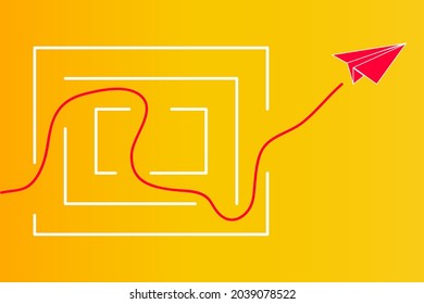 Problem and solution concept with red origami paper plane getting out of the maze of problem. Way to go through the labyrinth. Solve the difficulties.