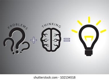 Problem solution concept showing problems solving using brain by thinking and creativity. Question marks are representative of problems while glowing bulb is representative of solution.