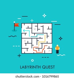 Problem solution and decision making concept, successful business strategy, labyrinth quest icon, maze challenge. Vector illustration in thin line style for advertisement, website, header, banner.