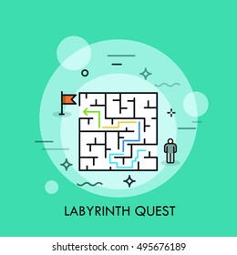 Problem solution and decision making concept, successful business strategy, labyrinth quest icon, maze challenge. Vector illustration in thin line style for advertisement, website, header, banner.