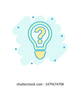Problem solution icon in comic style. Light bulb idea vector cartoon illustration on white background. Question and answer business concept splash effect.