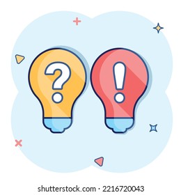 Problem solution icon in comic style. Light bulb idea vector cartoon illustration on isolated background. Question and answer business concept.