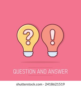 Problem solution icon in comic style. Light bulb idea vector cartoon illustration on isolated background. Question and answer business concept.