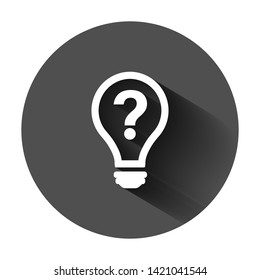 Problem solution icon in flat style. Light bulb idea vector illustration on black round background with long shadow. Question and answer business concept.