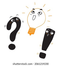 Problem solution icon in hand draw style. Light bulb idea vector illustration on white isolated background. Question and answer business concept.