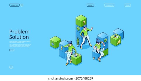 Problem solution isometric landing page, business people in office or coworking area work on laptops solve issues, employees teamwork, strategy for goal achievement, 3d vector line art web banner