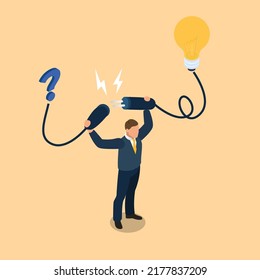 Problem solution - Man connecting light bulb to a question mark isometric 3d vector illustration concept for banner, website, illustration, landing page, flyer, etc. - Shutterstock ID 2177837209