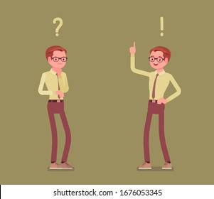 Problem and solution, man thinking, question, exclamation marks. Guy in problems analysis, finding efficient solving approaches, learning, understanding methods. Vector flat style cartoon illustration