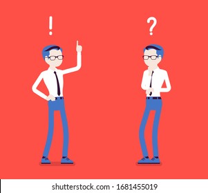 Problem, solution, man thinking, question, exclamation marks. Guy in problems analysis, finding efficient solving approaches, learning, understanding methods. Vector illustration, faceless characters