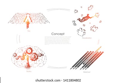 Problem solution, puzzle solving, prevarication, tactics and logical thinking, uniqueness, surreal conceptions banner. Abstract ideas and metaphors concept sketch. Hand drawn vector illustration