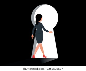 Problem solution and secret discovery. Business woman walking through the giant keyhole.
