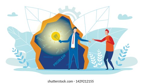 Problem Solution, Victory Over Negative Thoughts Flat Vector Concept with Business Consultant, Psychologist Giving Hand, Offering Help, Lighting Dark, Scary Cave with Bright Light Bulb Illustration