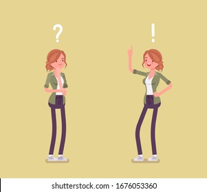 Problem, solution, woman thinking, question, exclamation marks. Girl in problems analysis, finding efficient solving approaches, learning, understanding methods. Vector flat style cartoon illustration