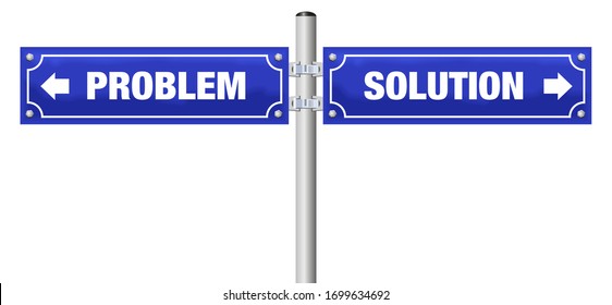 PROBLEM and SOLUTION written on blue street signs. Isolated vector illustration on white background.

