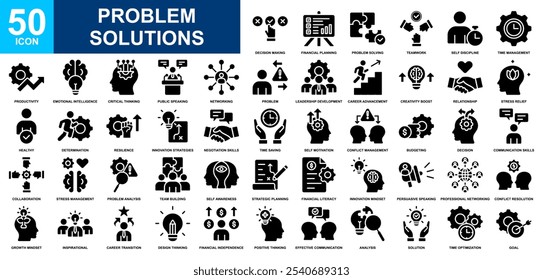 Problem Solutions icon collection set. Stress management, solution, problem solving, thinking, conflict management, growth mindset, decision making icon. Simple glyph vector.