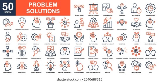 Conjunto de colecciones de iconos de soluciones de problemas. Gestión del estrés, solución, resolución de problemas, pensamiento, gestión de conflictos, mentalidad de crecimiento, icono de toma de decisiones. Vector de color de línea simple.